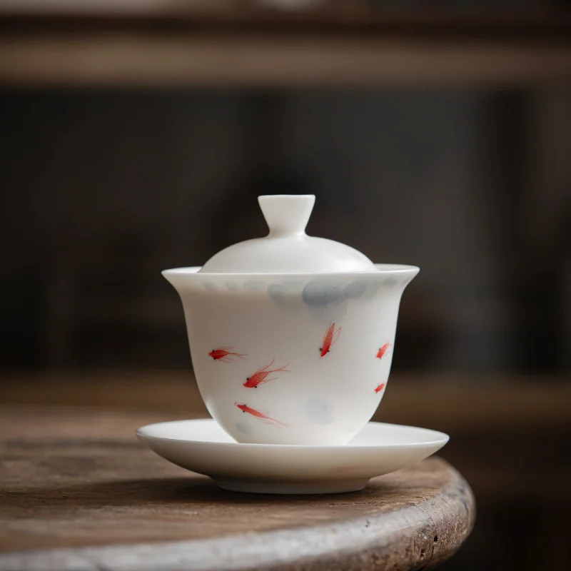 White Jade Porcelain Hand-Painted Hovering Three-Talent Covered Bowl Tea Cup Single Large Capacity Ceramic Tea Bowl High-End Thr