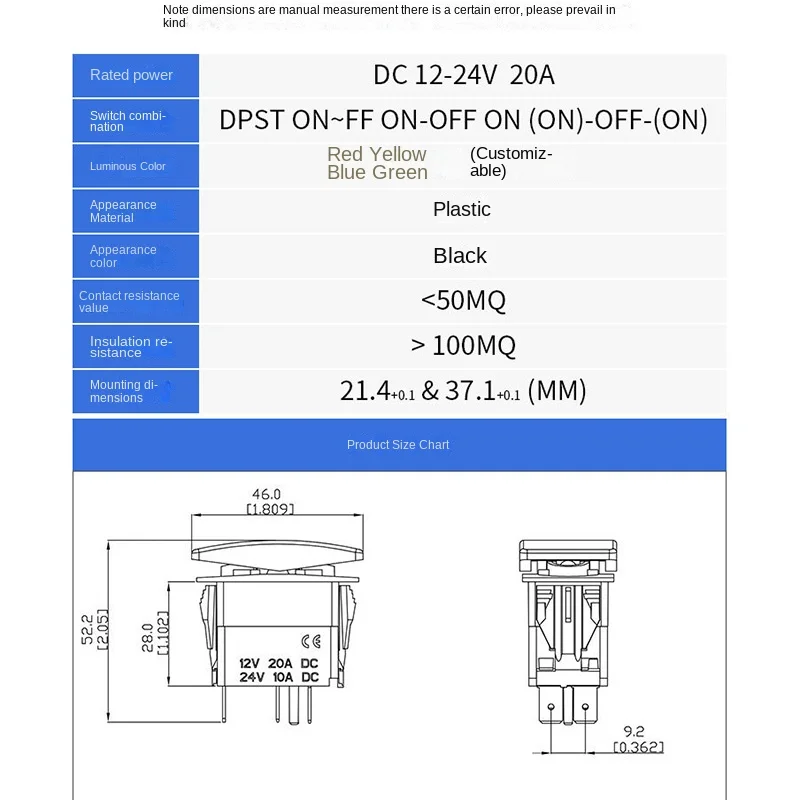 Rocker Switch Waterproof (ON)-Off-(ON) 3 Position Marine Rocker Switch 12V 20A DPDT 7 Pin Boat Switch Toggle for Car