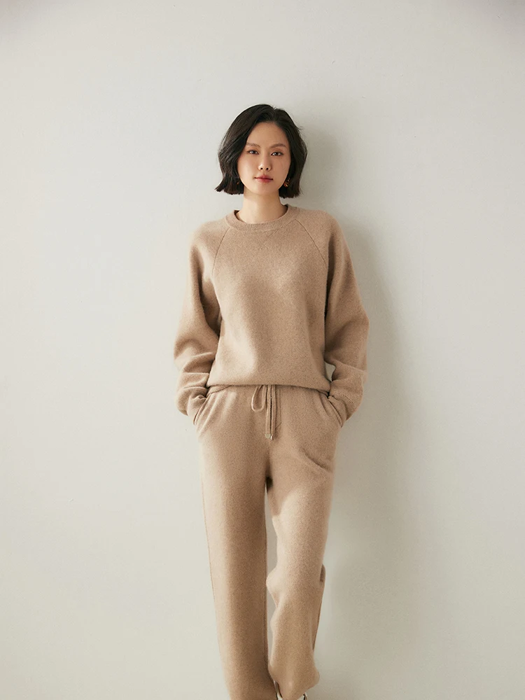 New Chic Autumn Winter Women's 100% Cashmere Sweate Two Pieces Set O-Neck Pullover Pants Set Luxury Grace Casual Soft Knitwear