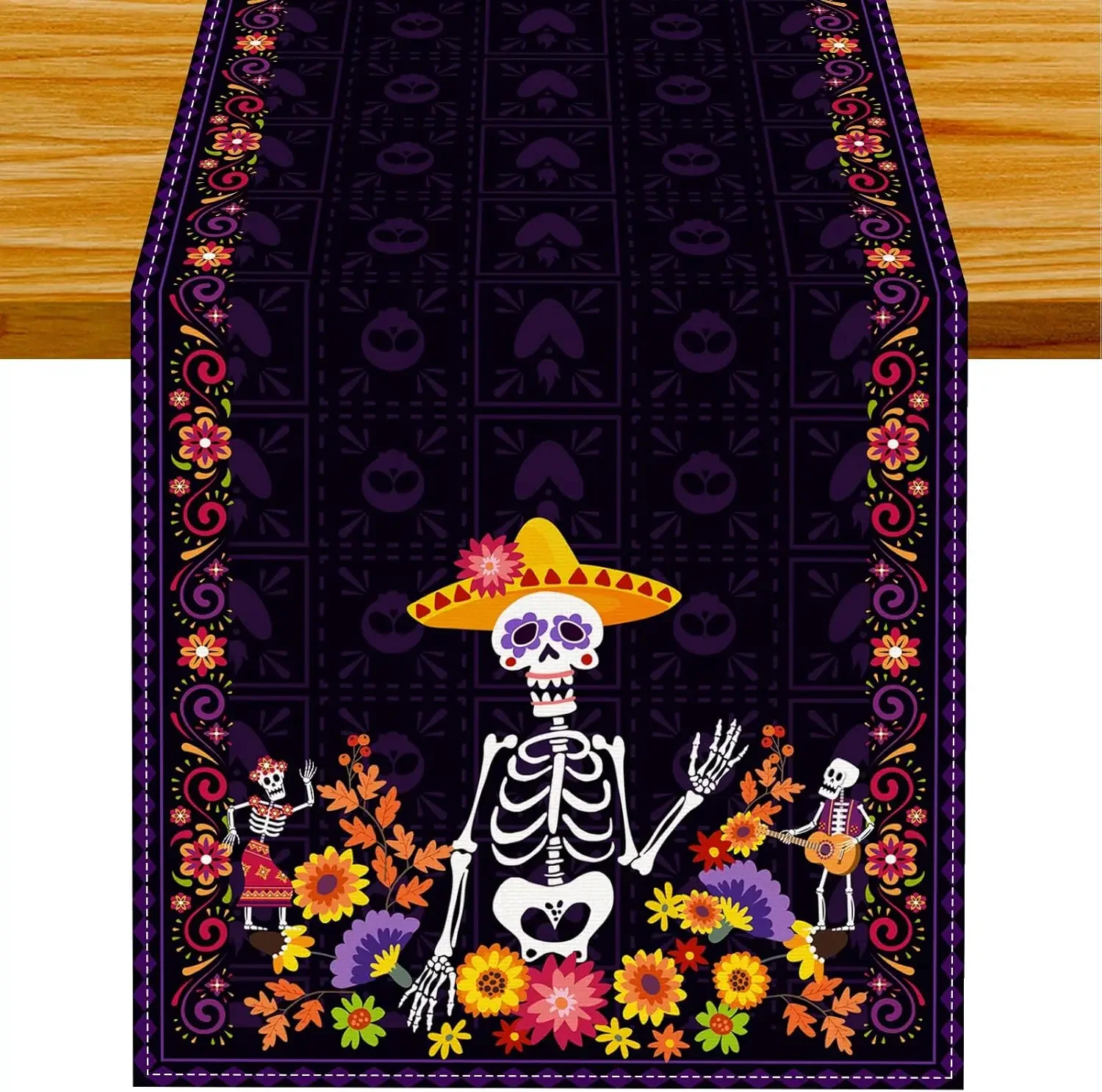 Mexican Day of The Dead Linen Table Runner Mexico Party Decor Day of The Dead Sugar Skull Table Runners Halloween Decorations