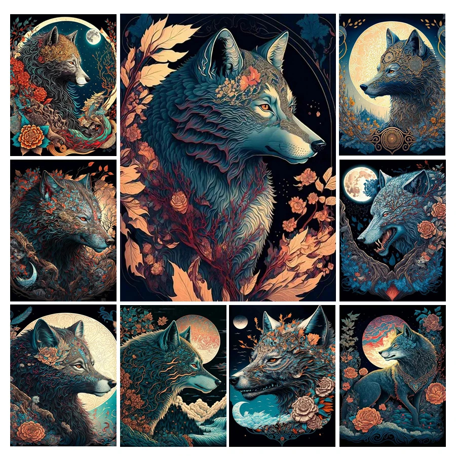 Diy 5D Diamond Painting New Collection Moon Wolf Full Mosaic Manual Arts Rhinestone Embroidery Sale Animals Wall Decor AA4846