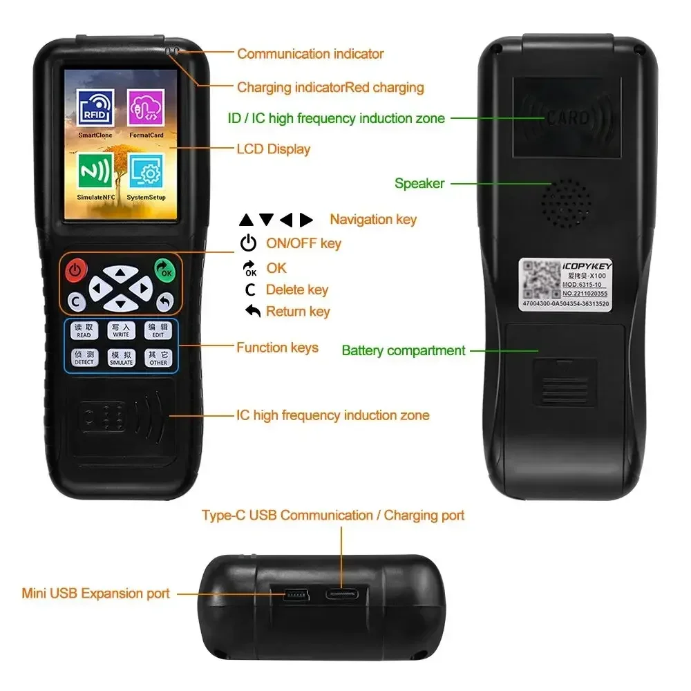 Lector de tarjetas de Control de acceso ICOPYKEY-X100 RFID/escritor/programador de tarjetas clave/decodificador/copiadora/copiadora NFC/decodificación de aplicaciones de Software gratuito