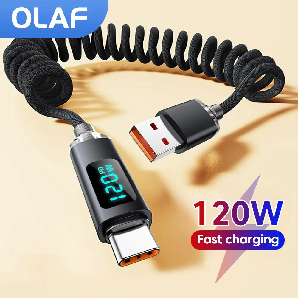 120W Digital Display Spring Retractable USB C To Type C Cable for iPhone 15 16 Samsung Huawei Fast Charging USB Type C Cable