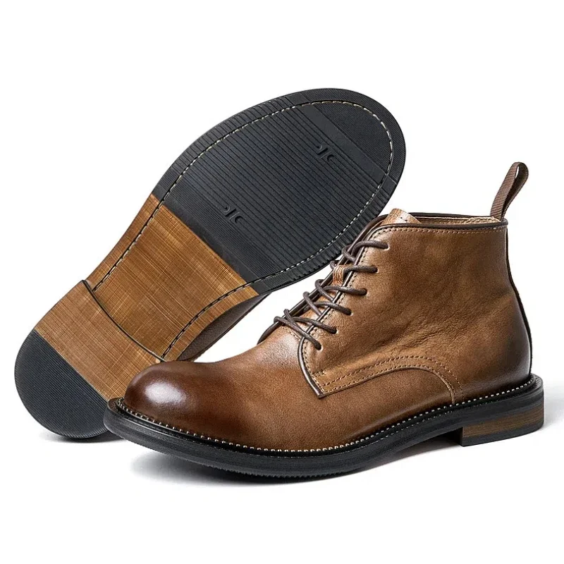 

Мужские ботильоны из натуральной кожи, британские винтажные мотоциклетные ботинки из воловьей кожи с верхним слоем, цветные ковбойские сапоги с ручной полировкой на шнуровке