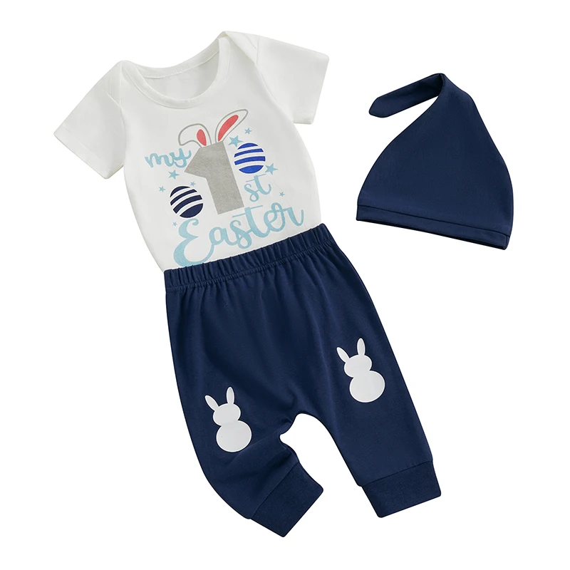 

Newborn Baby Boy My 1st Easter Outfit Short Sleeve Bunny Letter Print Romper Pants Hat 3Pcs Set