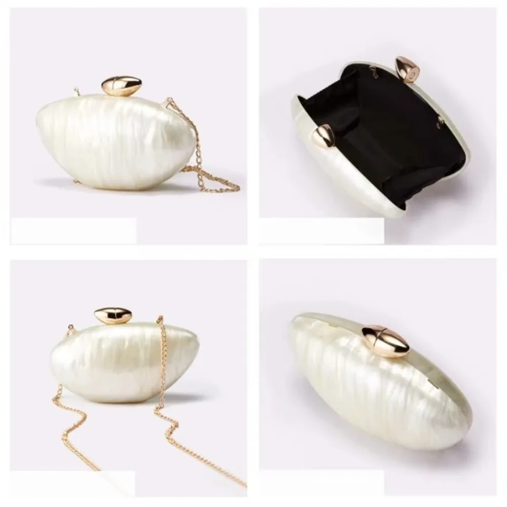 Acrylic Evening Clutch Purse Beige Color Pearl Decoration Women Sling Bag Chain Strap Oval Shape Shell Evening Bag Evening Party