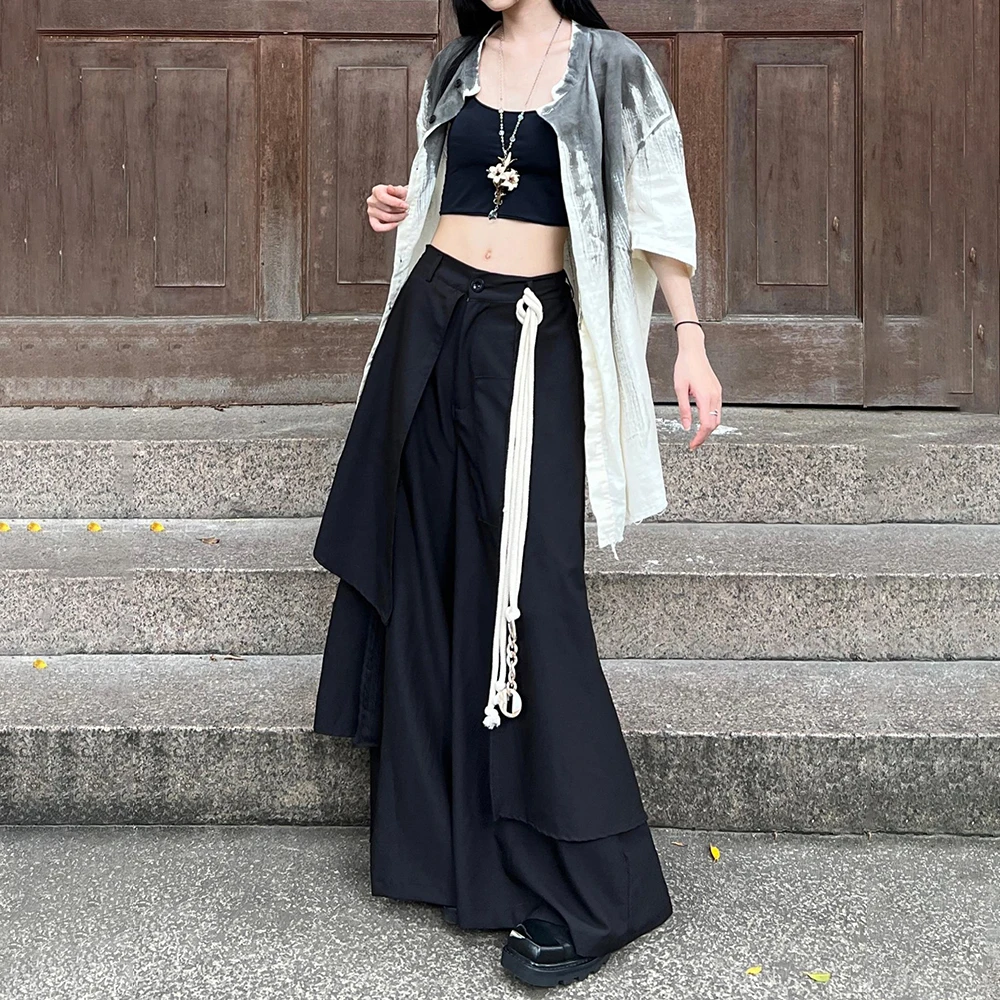 Y2k تنورة داكنة السراويل طبقة مزدوجة غير متناظرة الساموراي غير رسمية الجنس الشارع الشهير موضة القوطية واسعة الساق هاكاما للجنسين
