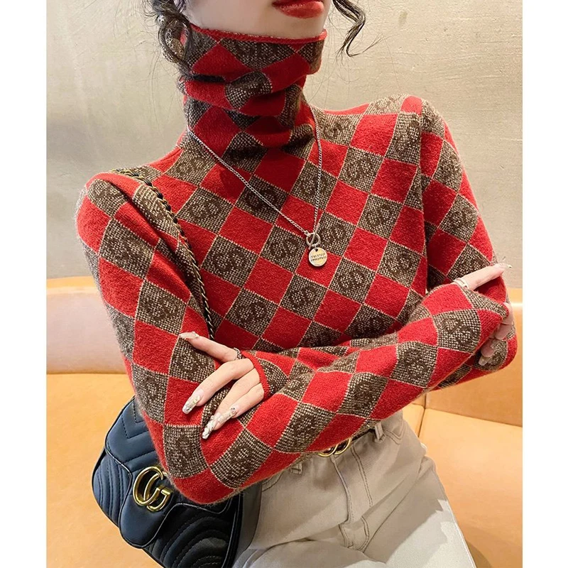 2023 Herbst Winter Frauen Vintage Argyle Luxus elegante Roll kragen Strick pullover Mode Langarm schlanke Pullover Tops Pullover