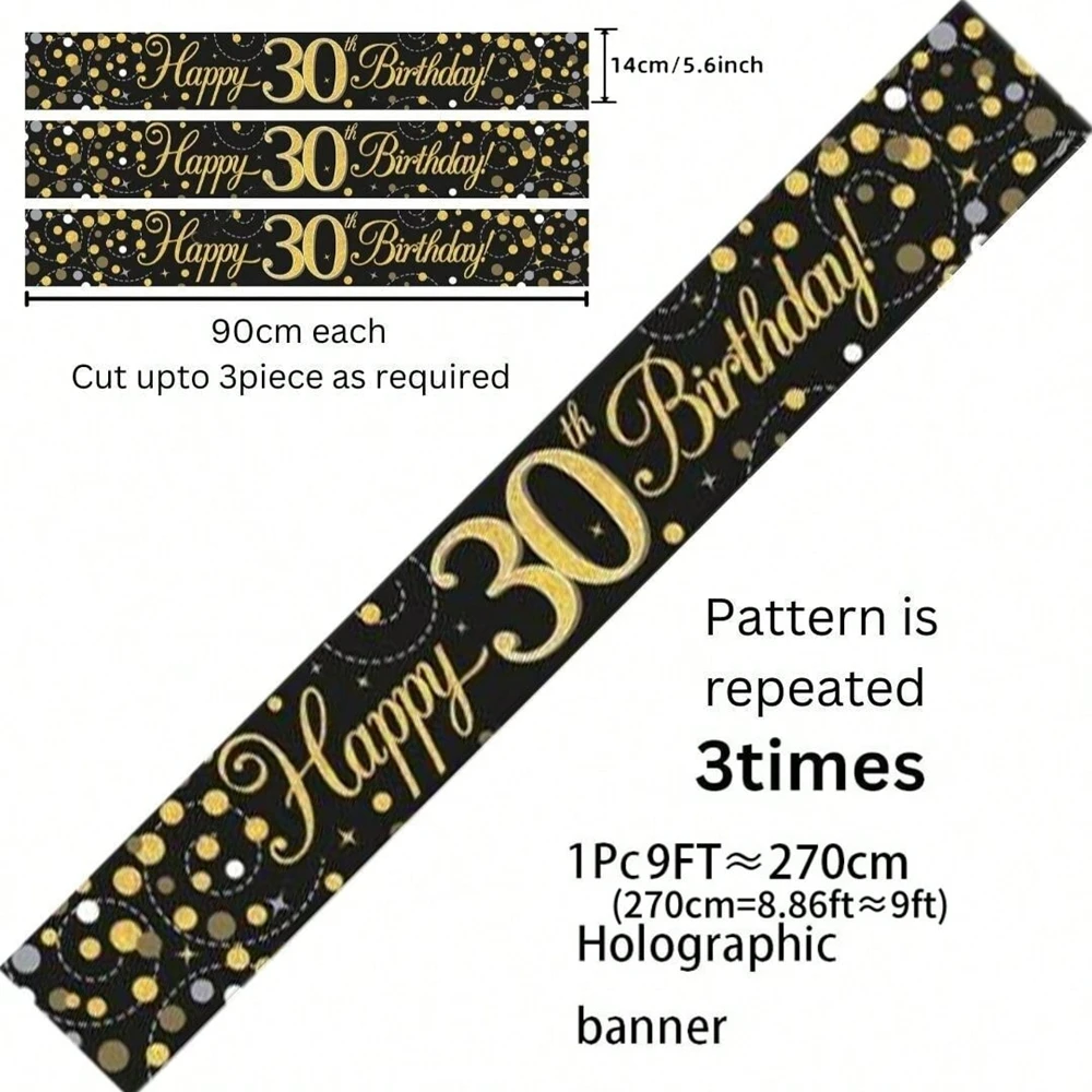 Schwarz-Gold Happy Birthday Banner, 9 Fuß Zuschneidbar mit Glitzerpunkten-Design für 18., 21., 30., 40., 50., 60. Party-Dekoration – Detail 7