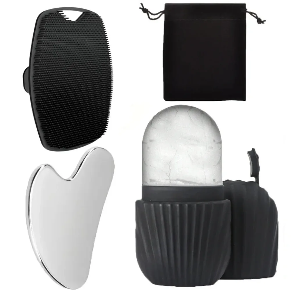 Set de 4 Piezas para Cuidado Facial en Casa: Rodillo de Hielo, Tabla Gua Sha de Acero Inoxidable, Cepillo de Limpieza Facial de Silicona, Almacenamiento Portátil