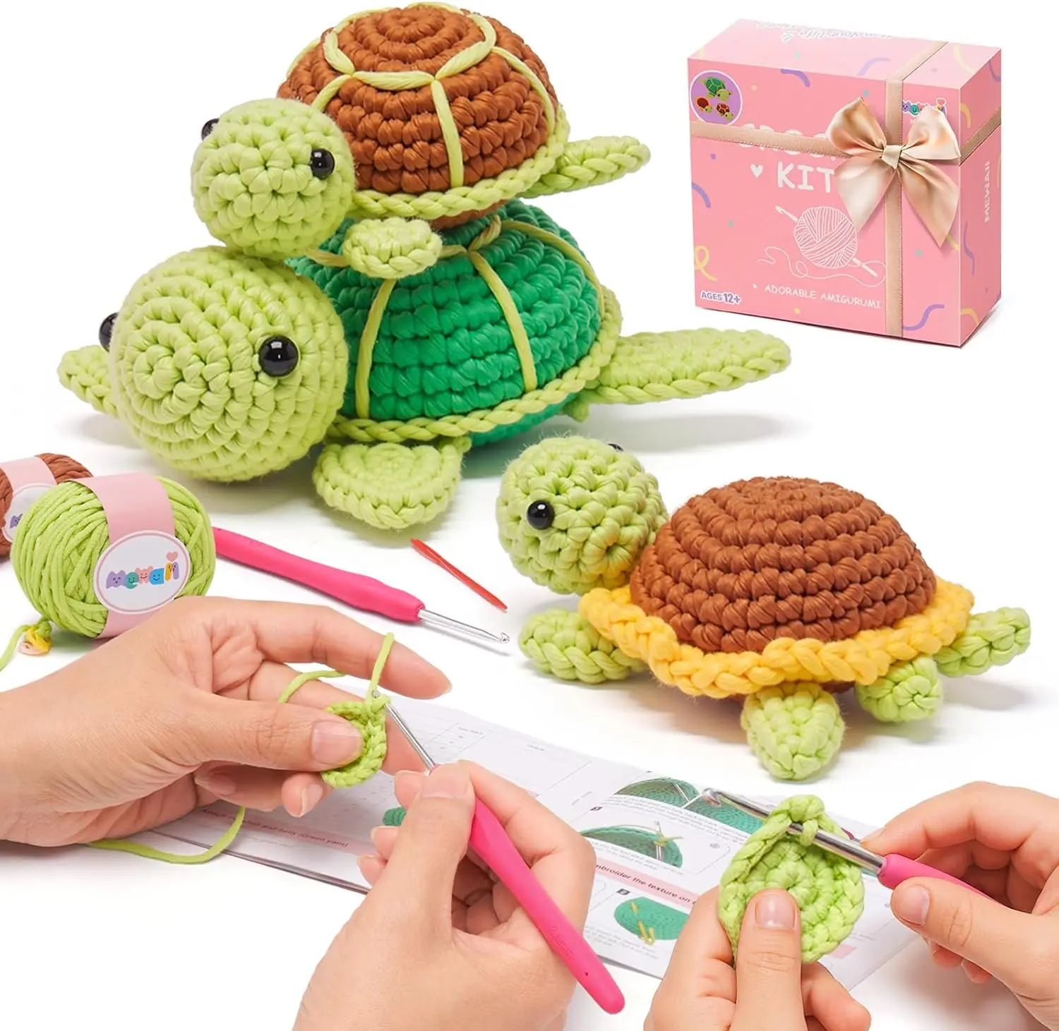 

Beginner Crochet Kit with Extra Yarn, Pre-Started Yarn & Video Tutorials - 3 Sea Turtles Craft Set for All Ages