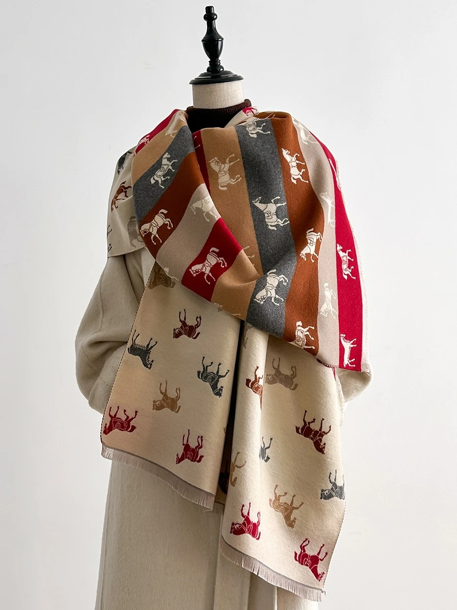 2026 Fall Winter Women Cute Cartoon Horse Imitation Cashmere Scarf Double Sided Color Block Thick Warm Long Shawl Wrap Casual