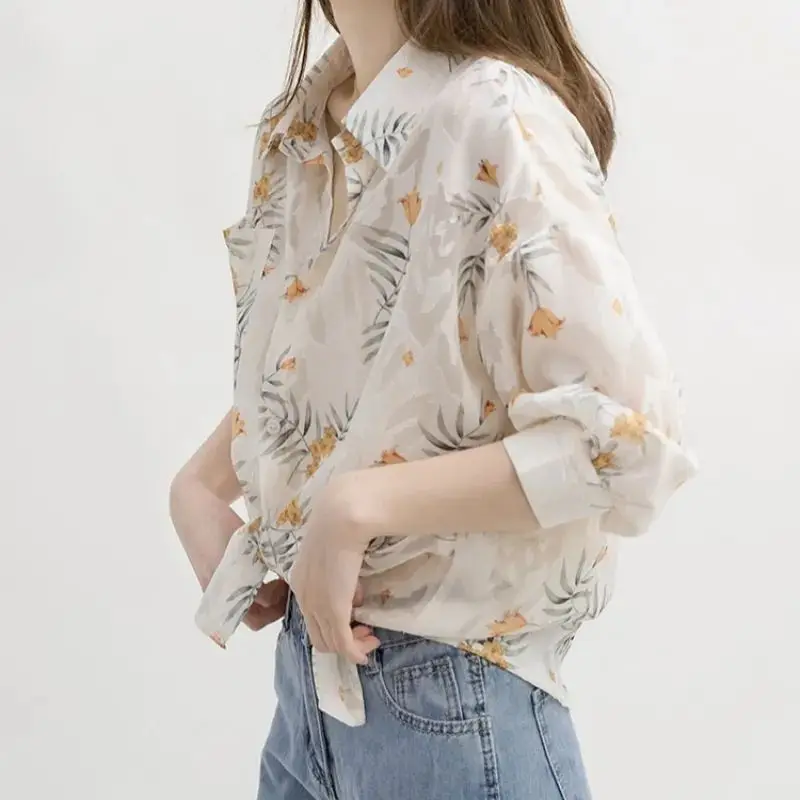 

French Style Elegant Lightweight Chiffon Blouse Women Collar Floral Trendy Top
