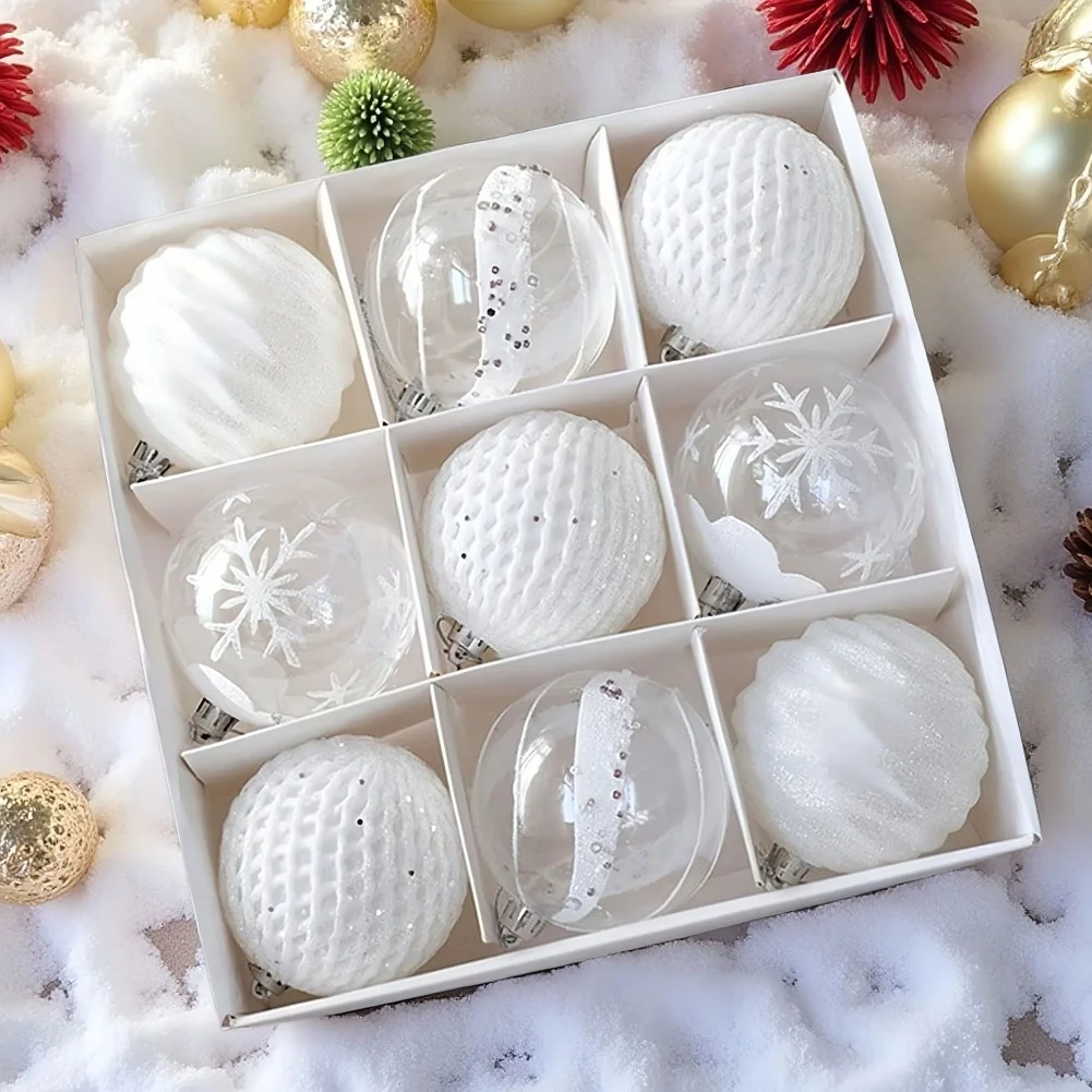 

For Christmas Tree Ornament Set of 9 White Balls 8cm with Pattern Designs for Festive Tree and Wreath Decoration