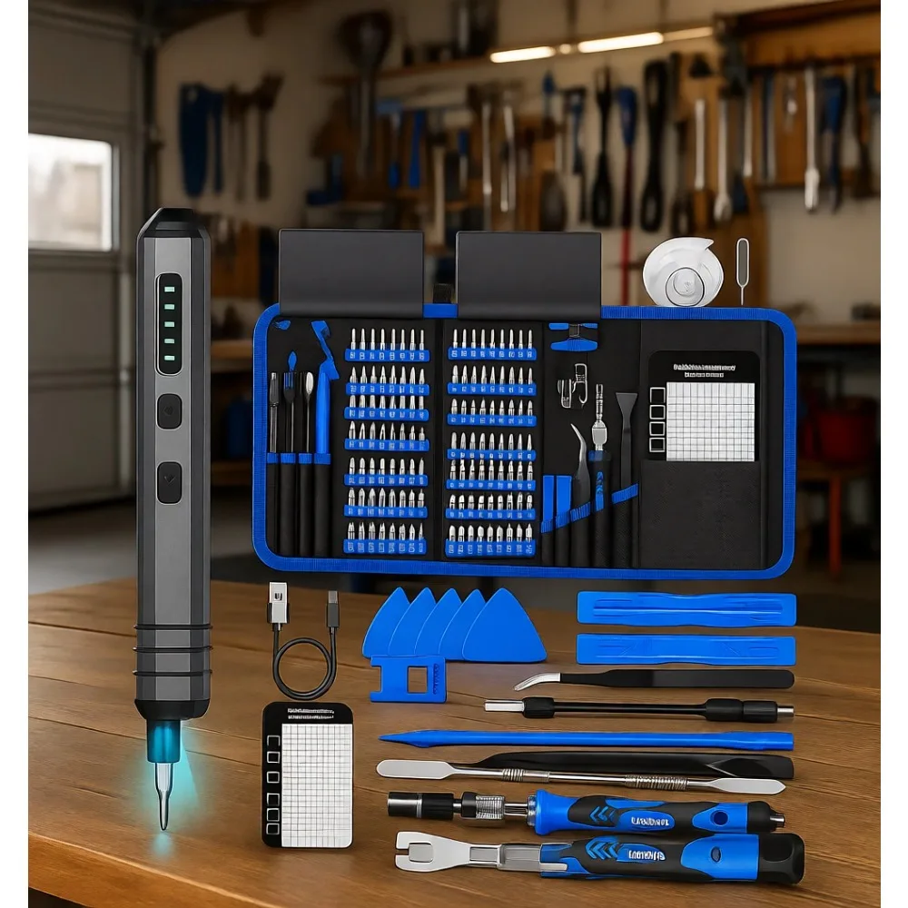 

Mini Electric Screwdriver Kit 140 Pieces Cordless 120 Bits 5 Torque LED Magnetic Repair for PC Electronics