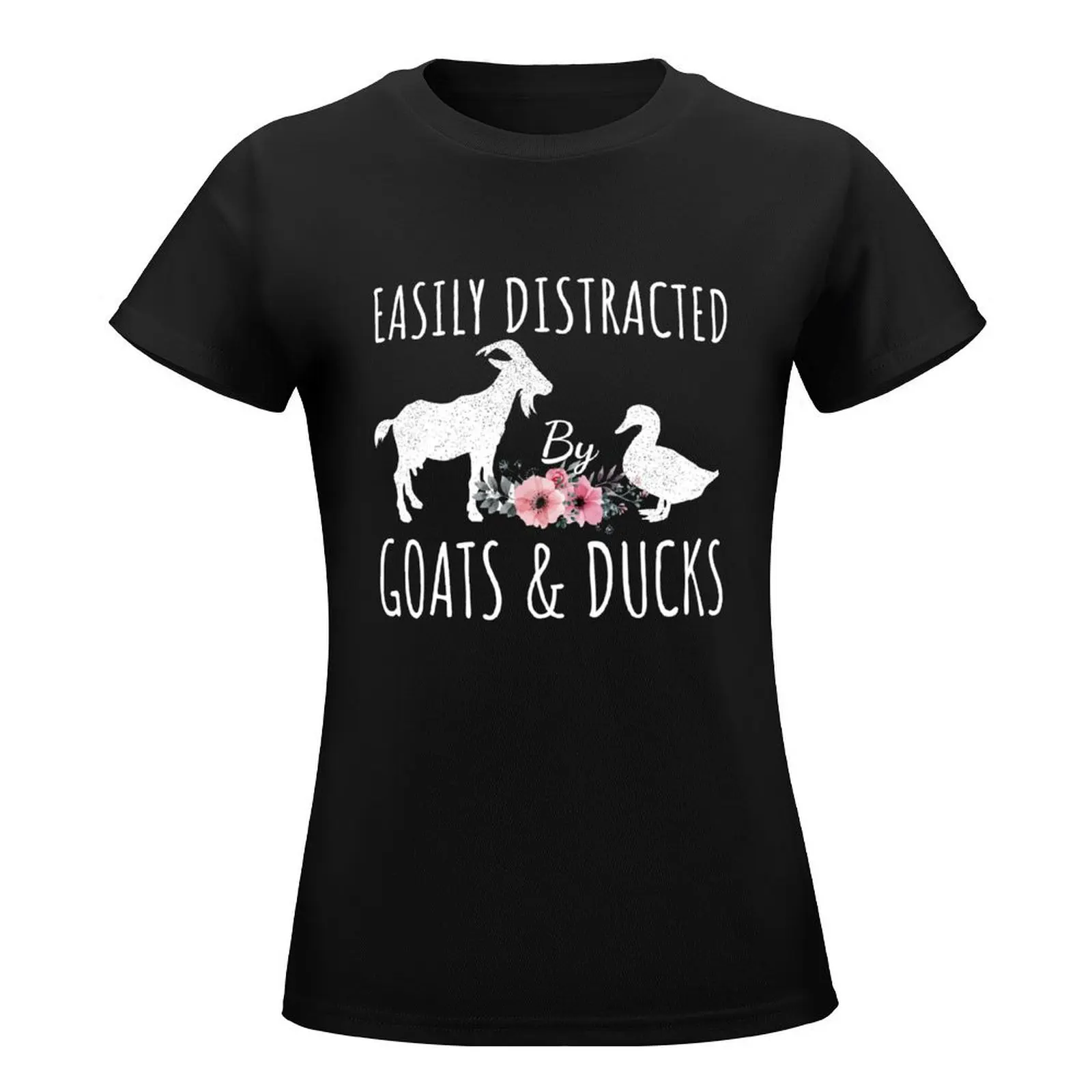 Easily Distracted By Goats & Ducks Floral Funny Farmer T-Shirt graphics Blouse cute tops anime clothes t shirts for Womens