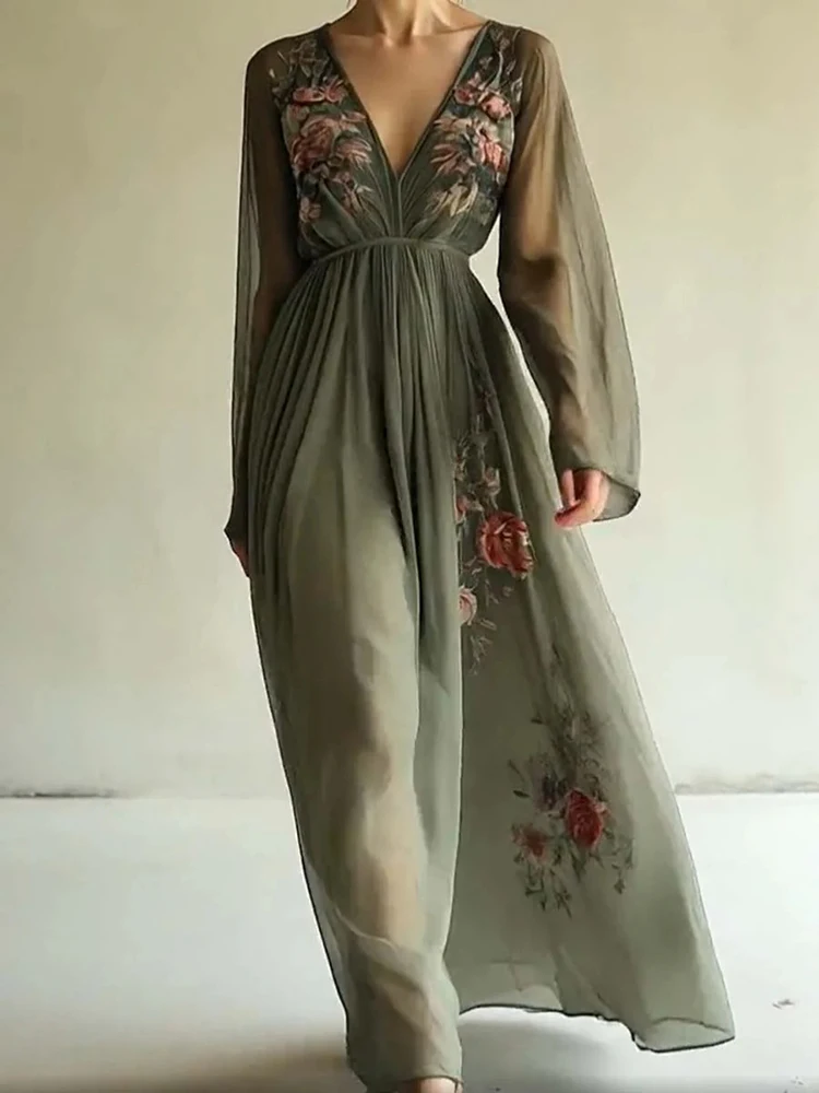 

Street Loose Printing Long Dresses Spring Women Long Sleeves V-neck Dress Summer High Waist Green Pullover Ankle Length Dress