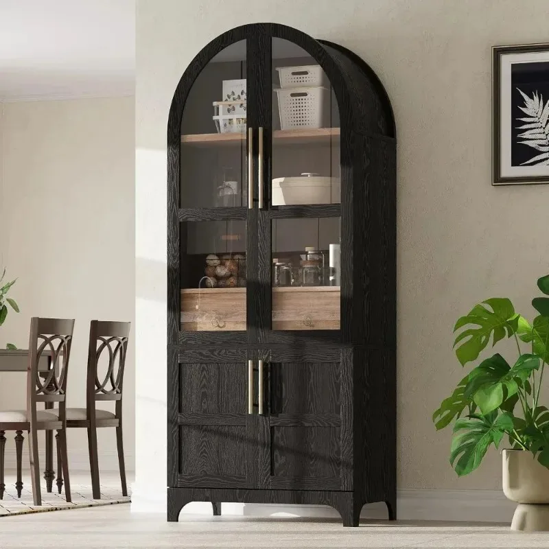 Arched Door Pantry Cabinet with Glass Panels, Hidden Drawer, and Adjustable Shelves