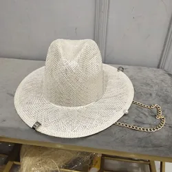 2022 new arrival damski słomkowy kapelusz fedora biały z łańcuchami