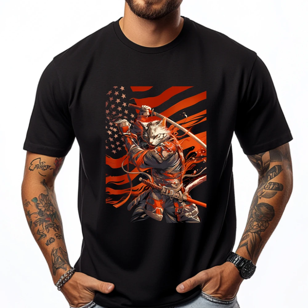 

Cat Samurai American Flag Samurai Cat Art Patriotic Cat Harajuku Luxury Clothes Men Geek Designer Limited Time Special T-Shirt