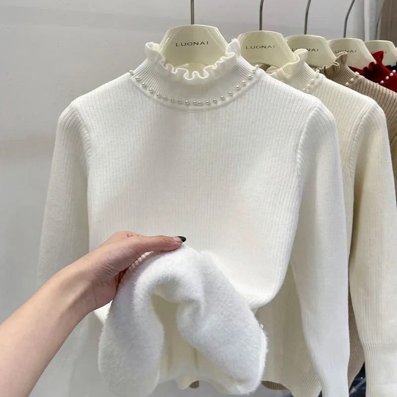 

Solid Color Velvet Sweater for Women Autumn and Winter Style Beaded Ear-hem Half Turtleneck Bottoming Shirt Top