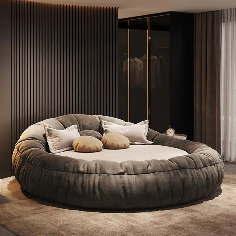 

180X200cm Minimalist Hotel Technology Velvet Designer Double Bed Decoration Queen Furniture Modern Cream Bedroom Round Bed