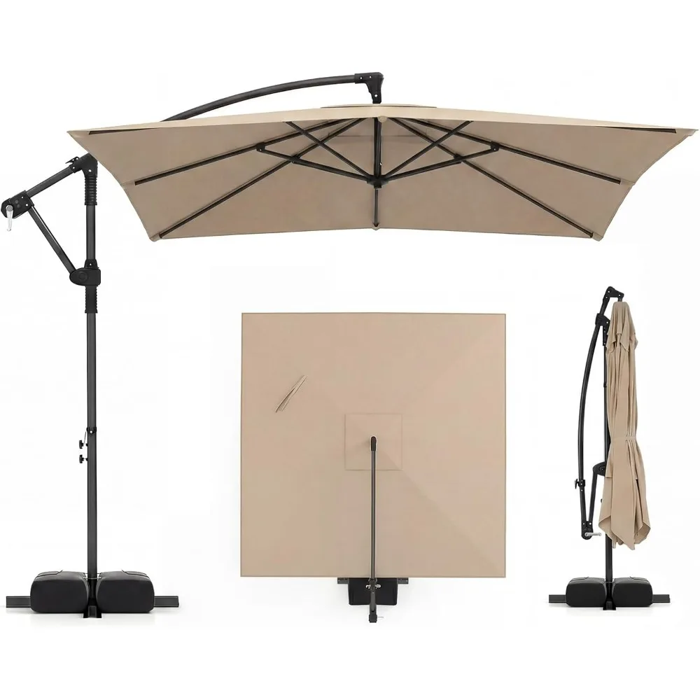 Tangkula 8FT Square Cantilever Offset Umbrella With Base Sandbags 360 Rotatable Crank 8 Ribs Outdoor Patio Sun Shade Pool Garden