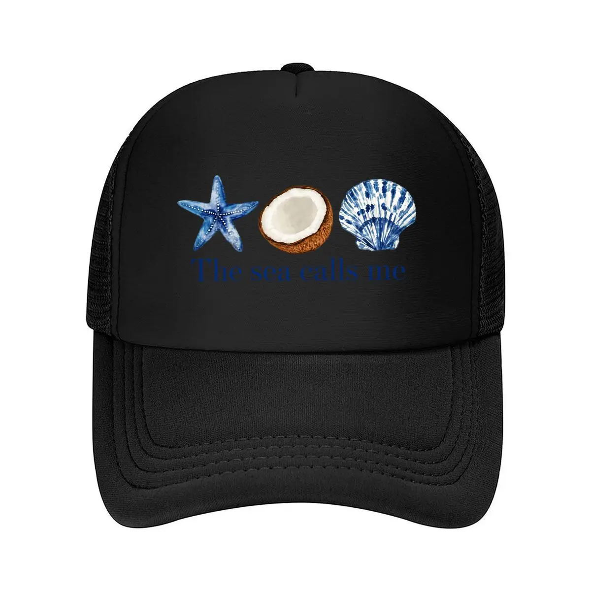 The Sea Calls Me Starfish Coconut Seashell Watercolor Graphic Mesh Baseball Cap Hip Hop
