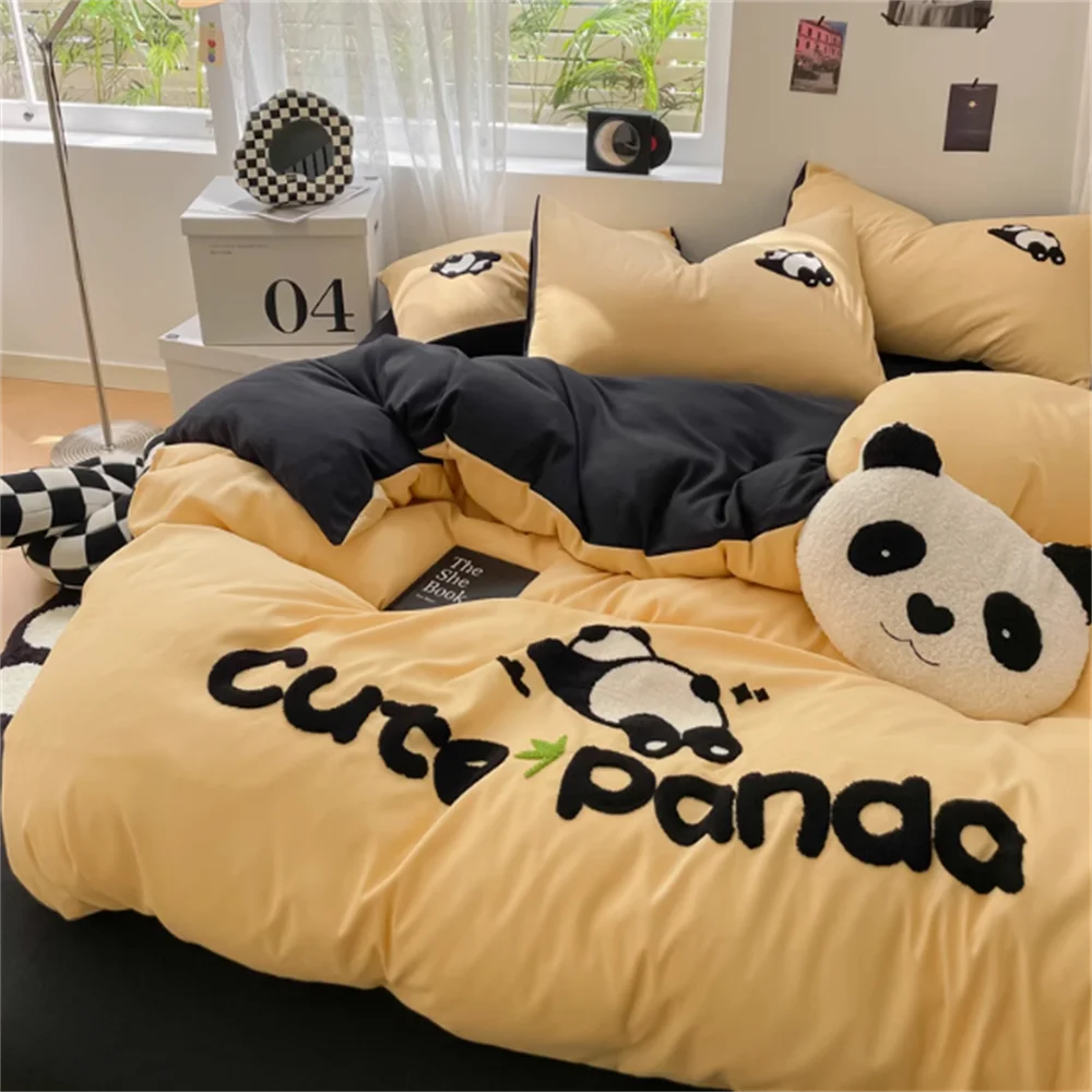 Washed Cotton Panda Thickened Woolen Beddinng Set Non All Cotton Cotton Quilt Cover Set Bed Sheet Bedding Products Bed Sheet