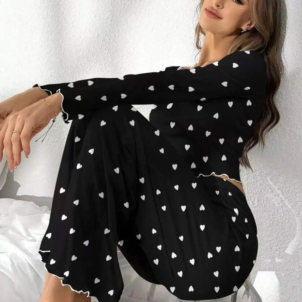 Women Sleepwear Set Black Heart Print Long Sleeve V Neck Pajamas Soft Breathable Elastic Comfortable Loungewear House Suit