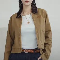 Maden Khaki Detroit Jackets for Women Vintage Turn-down Collar Workwear Jacket Spring and Autumn Canvas Coat Slim Fit