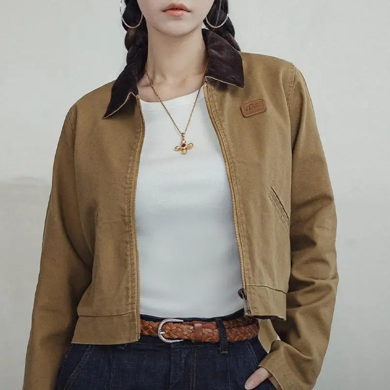 Maden Khaki Detroit Kurtki dla kobiet Vintage Wywijany kołnierz Odzież robocza Kurtka Wiosna i jesień Płócienny płaszcz Slim Fit