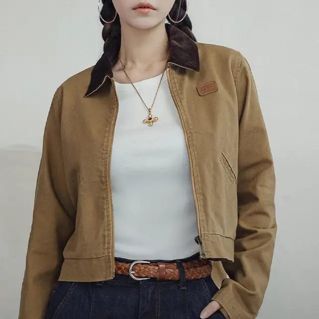 Maden Khaki Detroit Kurtki dla kobiet Vintage Wywijany kołnierz Odzież robocza Kurtka Wiosna i jesień Płócienny płaszcz Slim Fit