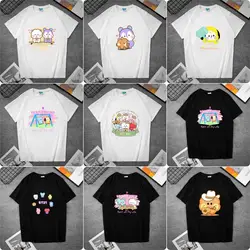 Cute Bt21 Cartoon Doll Printing Short Sleeve Summer Casual Simple T-Shirt Classic Black and White Round Neck Top Holiday Gift