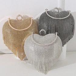 Rhinestone Heart Pattern Silver Handbag para mulheres, embreagem e bolsa, borla de diamante, bolsa de noite, banquete, casamento, nupcial, carteiras de baile