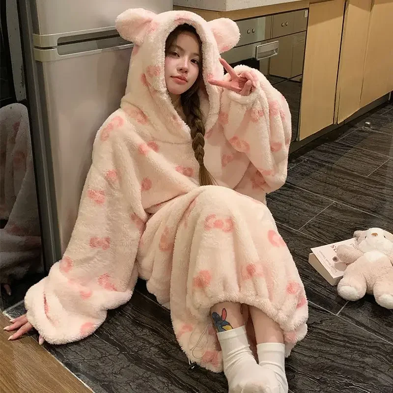 Winter Hooded Pajama Women's Coral Fleece Thicken Korean Bow Pink Robe Flannel Party Costume Warm Soft Home Clothes Girls Gifts