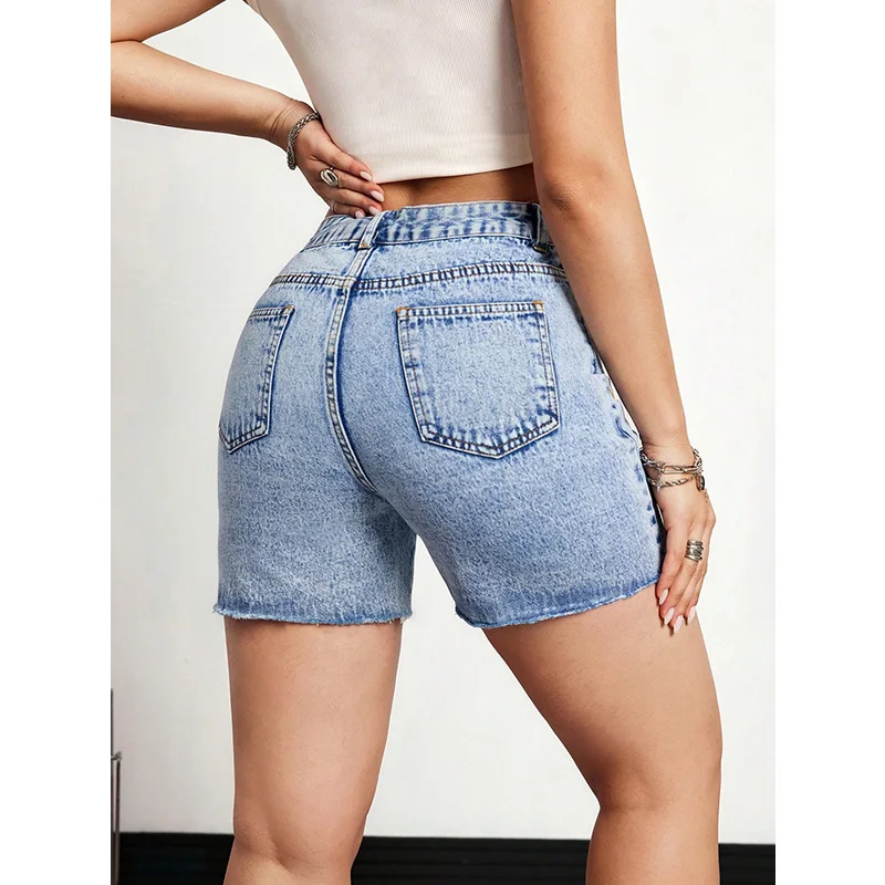 Benuynffy Asymmetrical Waist Raw Hem Tight Denim Shorts Women's Summer Retro Fashion Slim All Match Female Jean Shorts 2026 New view 2