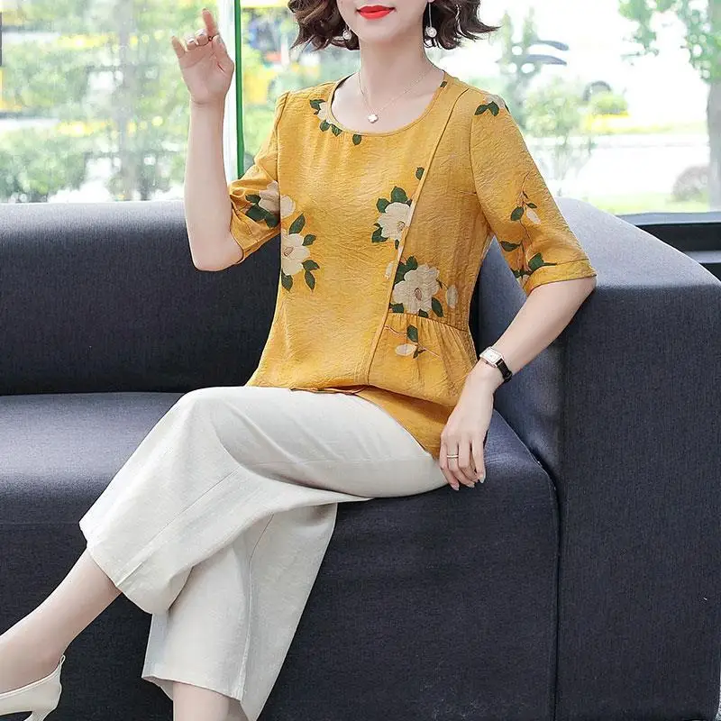 Women\'s Clothing Fashion Floral Printed Spliced Irregular Tops Summer Elegant Casual Round Neck Short Sleeve T-shirt for Female