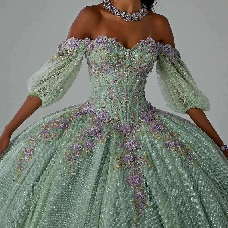 Green Shiny Quinceanera Dress Off The Shoulder Party Prom Dress Ball Gown Flower Lace Beads Girl Sweet 16 Party Gown Vestidos