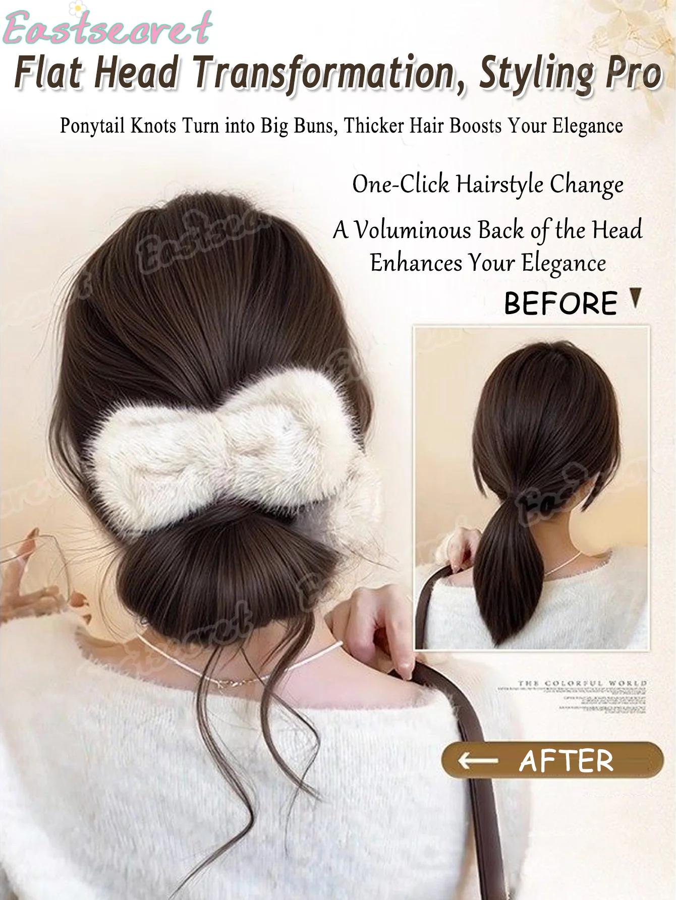 EAST Women's Synthetic Low Bun Wig with Fuzzy Bow & Dragon Beard Strands Natural Fluffy Hair Volume Booster Daily Wear Hair Bun