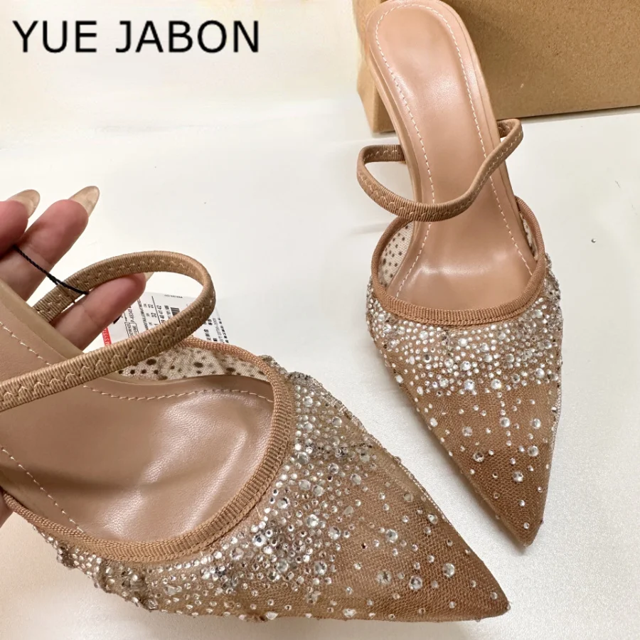 Nude Summer Women's Sandals Rhinestone Bright Mesh High Heels Footwear Elegant Slingback Pointed Slip on Party Lady Pumps Shoes