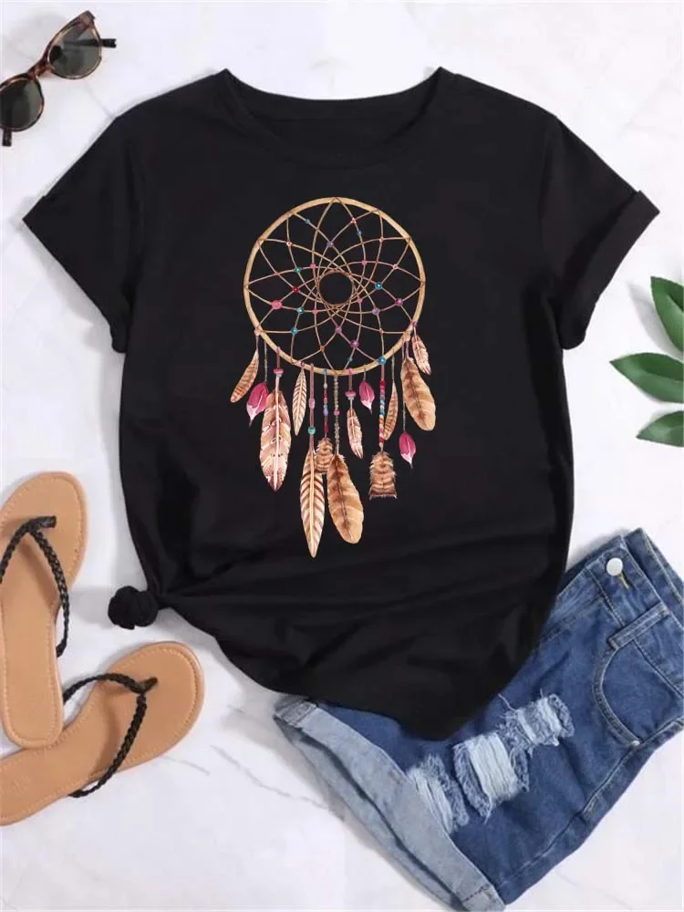 Summer New 90 ’s Short Sleeve Print Clothing Fashion Feather Dreamcatcher T Shirt Women Harajuku Graphic Tees Dream Catcher Tops