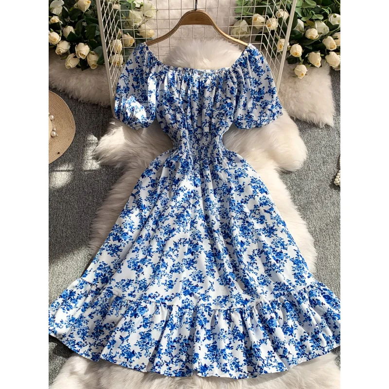 Boho Vintage Blumendruck sexy schulterfreies Midikleid Party Rüschen Frauen Sommer Vestido de Festa Strandurlaub A-Linie Kleid