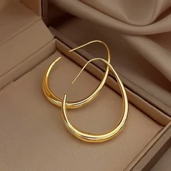 Hot Sale GoldSilver Color Needle Geometric Oval Hoop Earrings For Women Simple Desgin Earrings Party Wedding Jewelry Accessories