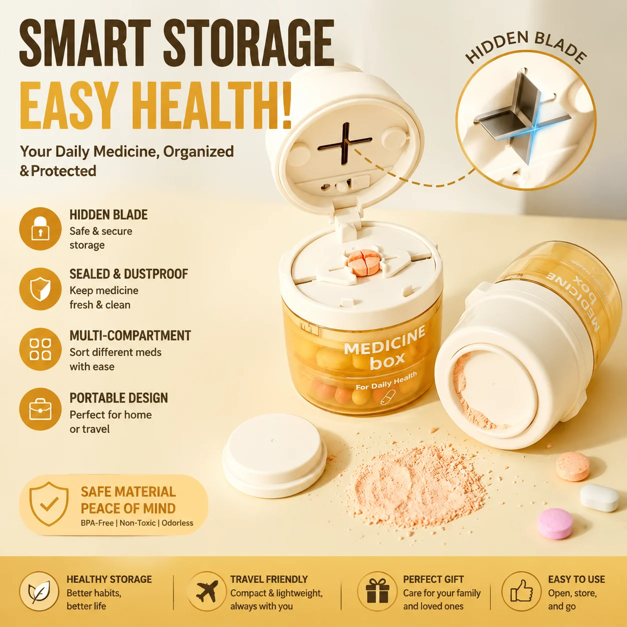 Three in One Precision All Four Medicine Box, Press Type Grinding Powder Cutter, Grinder, Tablet Storage and Storage Box