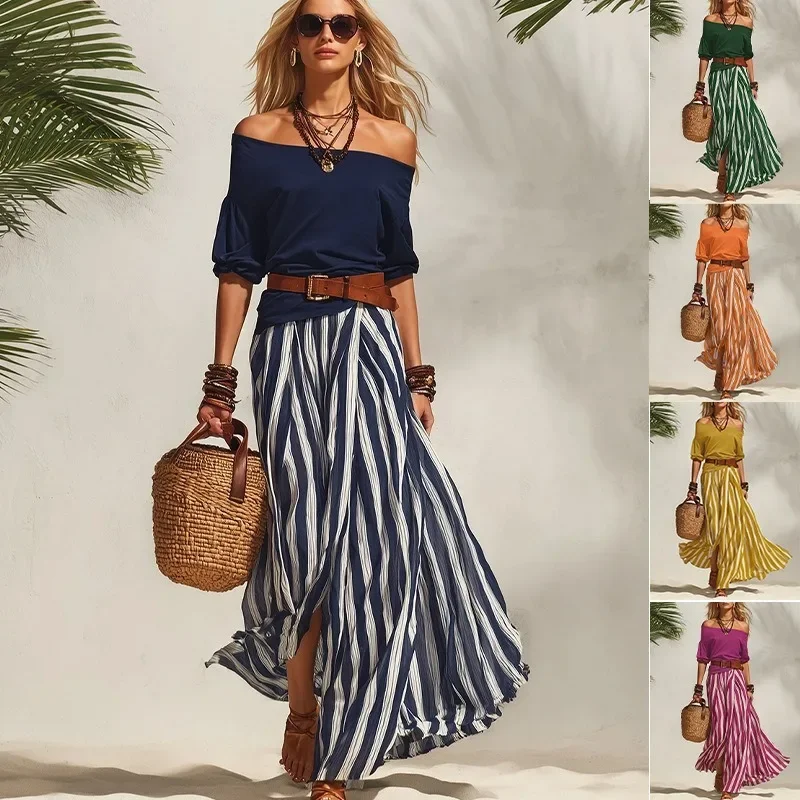 

2026 Sexy Women Off Shoulder Top+Striped Maxi Skirt Outfit Elegant Vacation Fashion Temperament Split Half Skirt 2-piece Set
