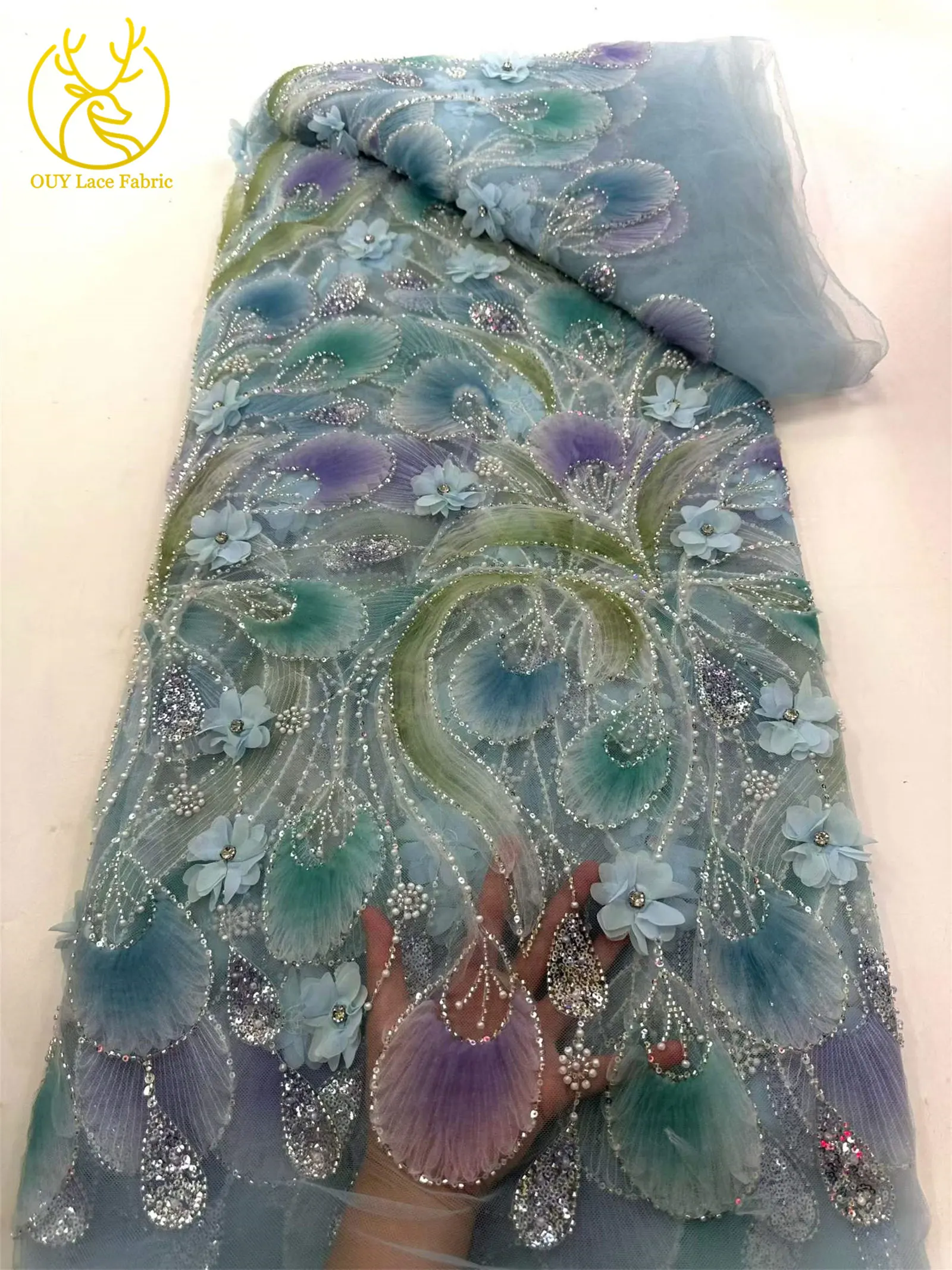 Eleganter 3D-Blumen-Afrikanischer Perlen-Spitzenstoff 2026 Französischer Nigerianischer Pailletten-Tüll-Spitzenstoff für Party- und Hochzeitskleider 5 Yards – Detail 11