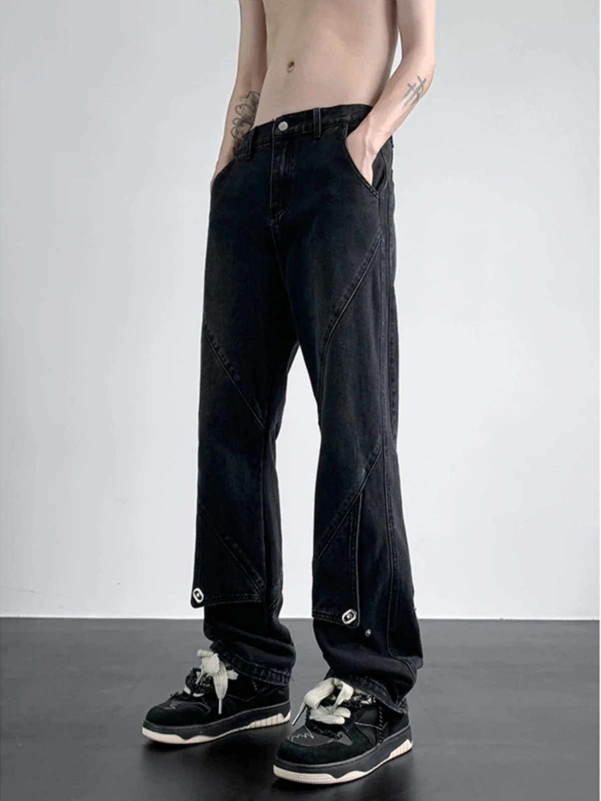 

American High Street Straight Leg Men's Jeans Spring Autumn Trendy Loose Splicing Workwear Pants Cleanfit Flared Trousers