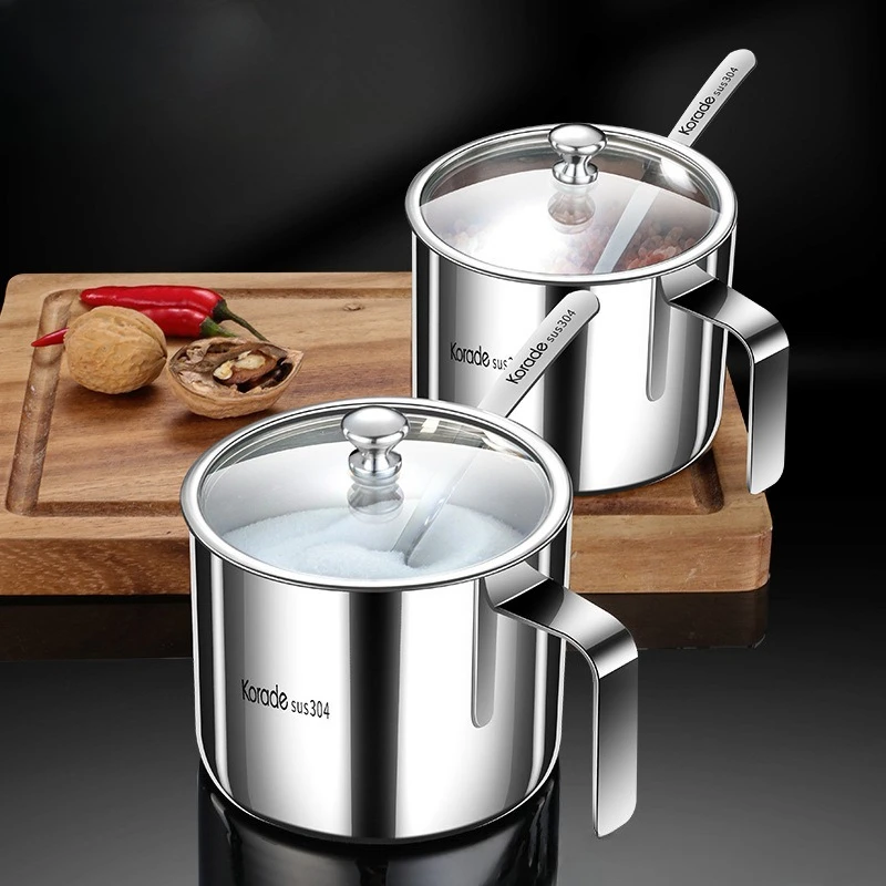 

304 Stainless Steel Seasoning Jar Set - Large Capacity Salt/Chili Oil Containers with Handle Tray 4 in 1 Kitchen Jars Set