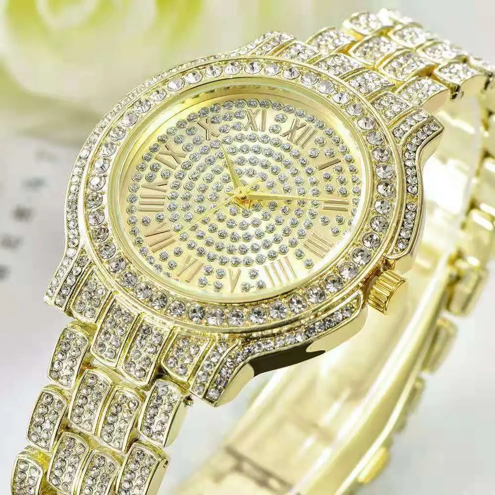 Iced Out-Reloj de pulsera de cuarzo para hombre y mujer, conjunto de joyería de lujo con micropavé, CZ, aleación de diamante, Hip Hop